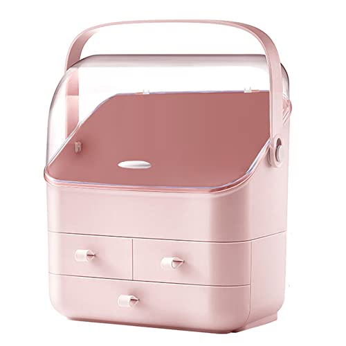LINFIDITE Cosmetic Storage Box with Lid Waterproof&Dustproof Makeup Organizer Box Portable Handle,Large Makeup Display Case with Drawers Fully Open Lid,Great for Bathroom Countertop Bedroom Dresser