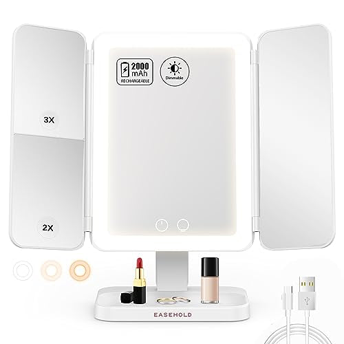 Makeup Mirror with lights, Rechargable Lighted Makeup Mirror with Magnification, 2X 3X, Portable Led Makeup Mirror, 3 Color Lights, Touch Sensor, Trifold Vanity Mirror, Light Up Mirror for Tabletop