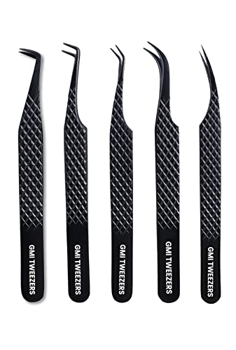 GMI Lash Tweezers - Set of 5 Eyelash Tweezers- Stainless Steel Eyelash Extension Tweezers - Multipurpose Lash Tweezers for Eyelash Extensions for Individual. (Black)
