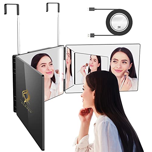 GLDDAO 3 Way Mirror for Self Hair Cutting with Lights,Rechargeable 360 Trifold Barber Mirrors LED Makeup Mirror See Back of Head, 5X Magnifying Mirror for Makeup and Hair Styling