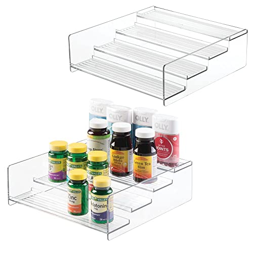 mDesign Plastic Bathroom Storage Organizer Shelf for Cabinet, Vanity, Countertop - Holds Vitamins, Supplements, Medicine Bottles, Nail Polish, Makeup - 4 Levels - Ligne Collection, 2 Pack, Clear
