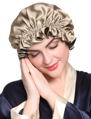 LilySilk Pure Silk Lined Cap for Women Sleep, Double Layered, Adjustable Ribbons, Luxury Natural Silk Bonnet Cap for Sleeping Coffee+Black