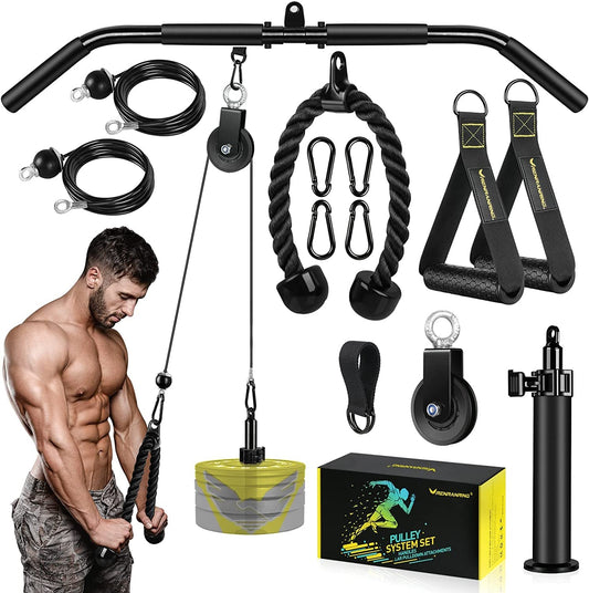 VAVOSPORT Fitness LAT and Lift Pulley System Gym - Upgraded LAT Pull down Cable Machine Attachments, Loading Pin, Handle and Tricep Rope, for Biceps Curl, Forearm, Triceps Exercise Gym Equipment