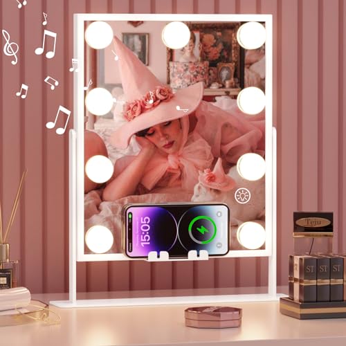 Fenair Lighted Vanity Mirror with Lights Speaker and Wireless Charging,Makeup Mirror with Lights and 10X Magnification Hollywood Mirror with 9 Dimmable LED Bulbs(White)