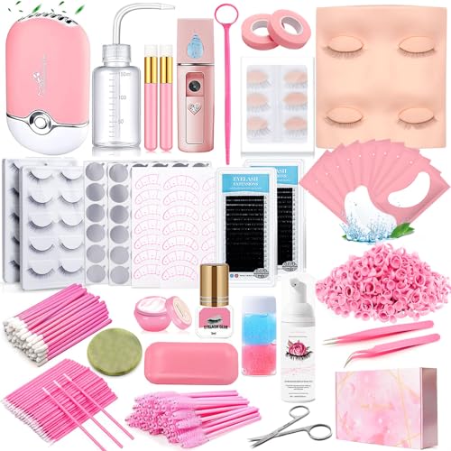 Lash Extension Kit for Beginners Lash Mannequin Head with Replaced Eyelids False Eyelashes Practice Eyelash Strips Facial Mister Tweezers Glue USB Fan Professional Set