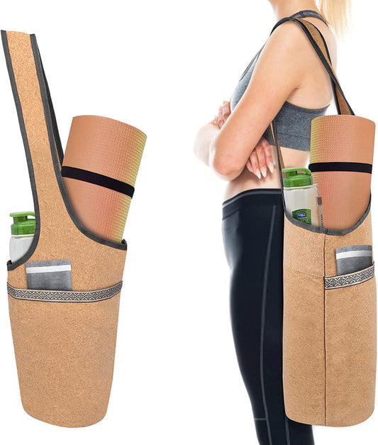 WIOR Yoga Mat Bag, Cork Yoga Mat Carrier with Pockets Stylish Yoga Mat Tote Bag Carrying Bag for Yoga Mat and Accessories for Women Men 35 X 13.5 Inch