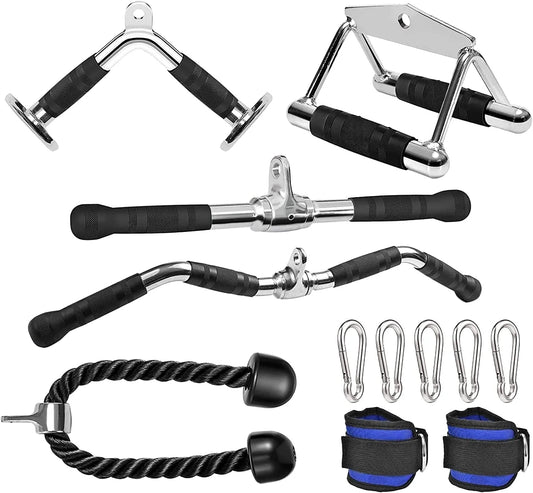 6 Pieces Cable Machine Accessories Set - LAT Bar Cable Machine Attachment, Double D Handle, V-Shaped Bar, Tricep Rope, Rotating Straight Bar & Ankle Straps, for Arm Strength Workout Training