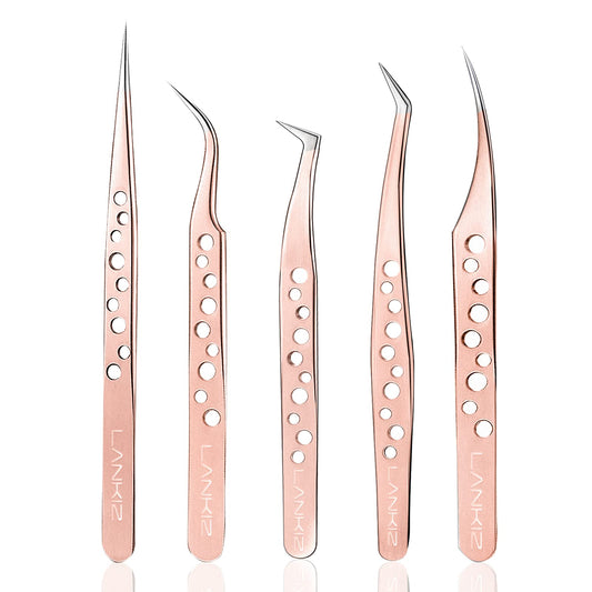 LANKIZ Eyelash Extension Tweezers Set 5 PCS for Volume Lash Extensions,High Precision Stainless Steel Lash Tweezers for Classic Individual Eyelash Extensions-9 Holes Rose Gold
