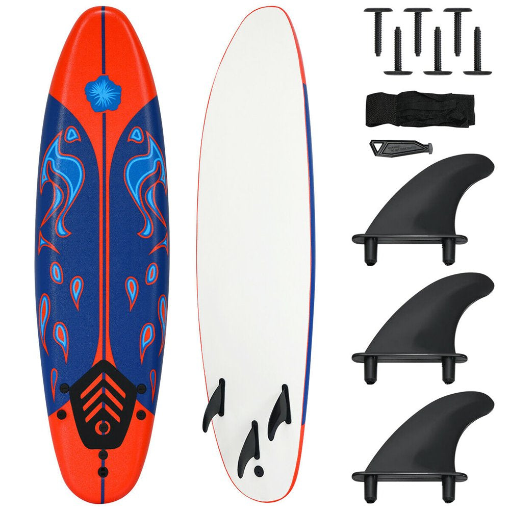 Costway 6' Surfboard Foamie Body Surfing Board W/3 Fins & Leash for Kids Adults Yellow