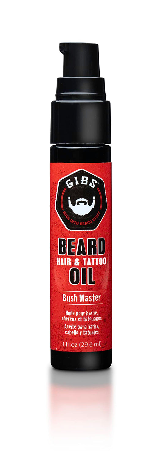 GIBS GROOMING Bush Master Beard, Hair & Tattoo Oil- All-Natural with Nutmeg, Leather, Vanilla & Musk Scent- Softens & Strengthens Beard Growth, Moisturizes Skin, 1 Fl Oz (Pack of 1)