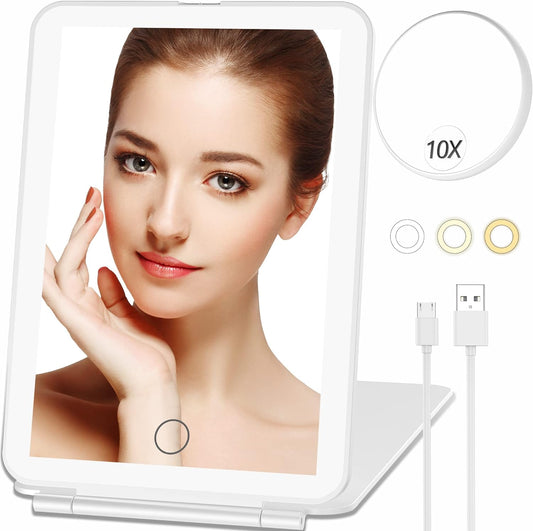 Makeup Mirror with 10X Magnifying Mirror, Vanity Mirror with 80 LED Lights, Rechargeable 2500mAh Batteries, Travel LED Mirror with 3 Color Lights, Compact Light Up Mirror, Travel Essentials for Women