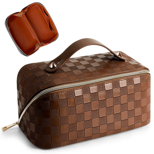 Large Capacity Travel Cosmetic Bag Plaid Checkered Makeup Bag Portable Leather Waterproof Skincare Bag with Handle and Divider for Women