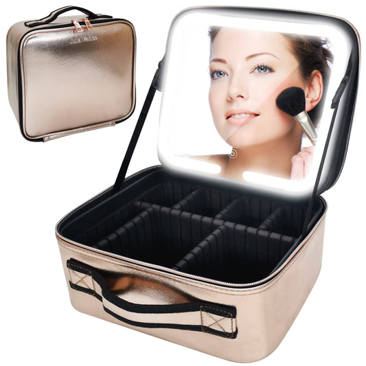 Jula Vance Makeup Train Case with Mirror and Lights 3 Color Adjustable Brightness Dividers Cosmetic Organizer Storage Rechargeable Waterproof Gift for Lady, Rose Gold Small