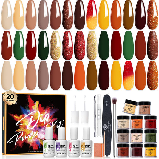 Modelones 20 Colors Dip Powder Nail Kit- Winter Holiday 32 Pcs Gold Brown Dip Nails Powder Starter Kit Essential Kit with Dip Liquids Set for DIY French Nail Manicure Nail Art Salon