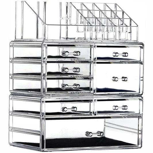 Large Clear Makeup Organizer Skin Care Cosmetic Display Cases Stackable Storage Box Make up Container Cube With 8 Drawers,Set of 3 By Cq acrylic
