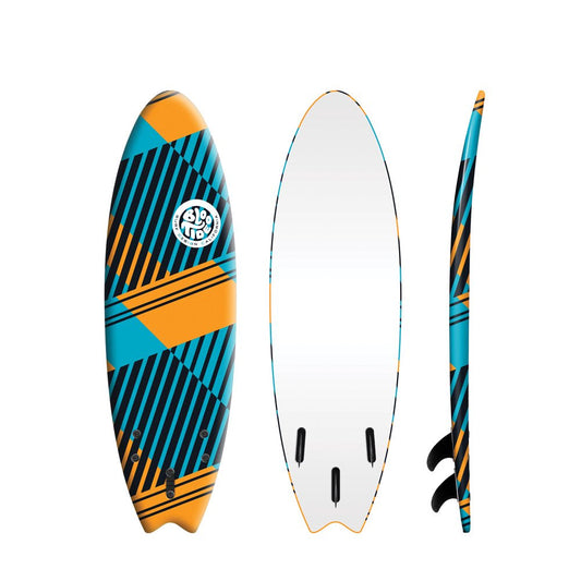 Bloo Tide 6Ft Swallow Tail Surfboard Foam Linez Orange-Blue Graphic Deck Including Accessories