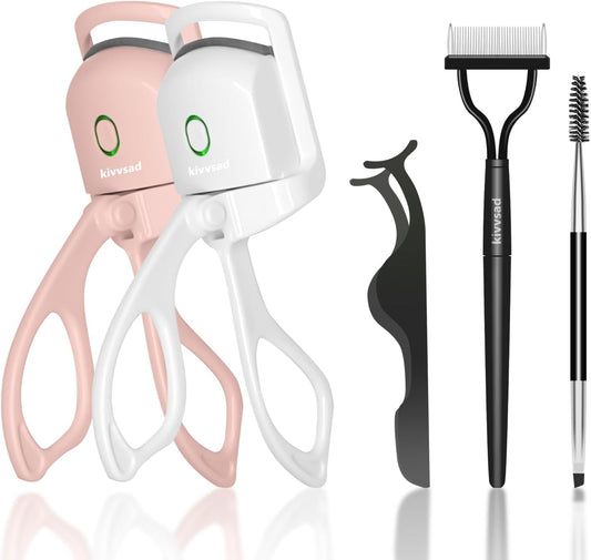 kivvsad (2+3Pack) Heated Eyelash Curler Professional, Electric Eyelash Curler, Handheld Eye Lash Curler_ 2 Temperature Settings and USB Fast Charging, Fast Natural Curling Eyelashes (White and Pink)