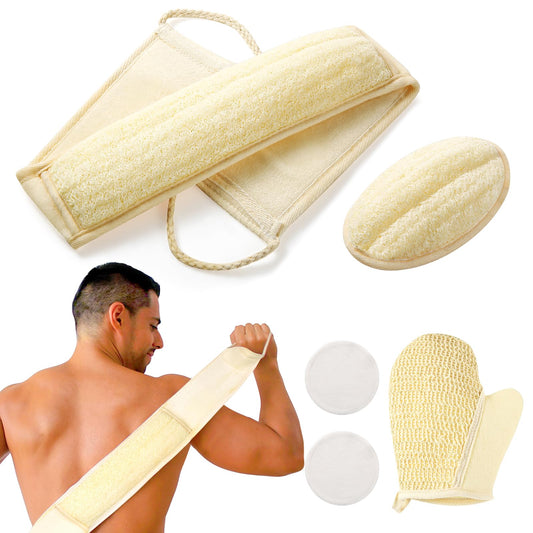 Natural Loofah Sponge Exfoliating Body Sponge Scrubber, Exfoliating Back Scrubber for Shower Set (5 Pack), Loofah Sponge Pads & Exfoliating Glove, Deep Clean & Invigorate Your Skin for Men and Women