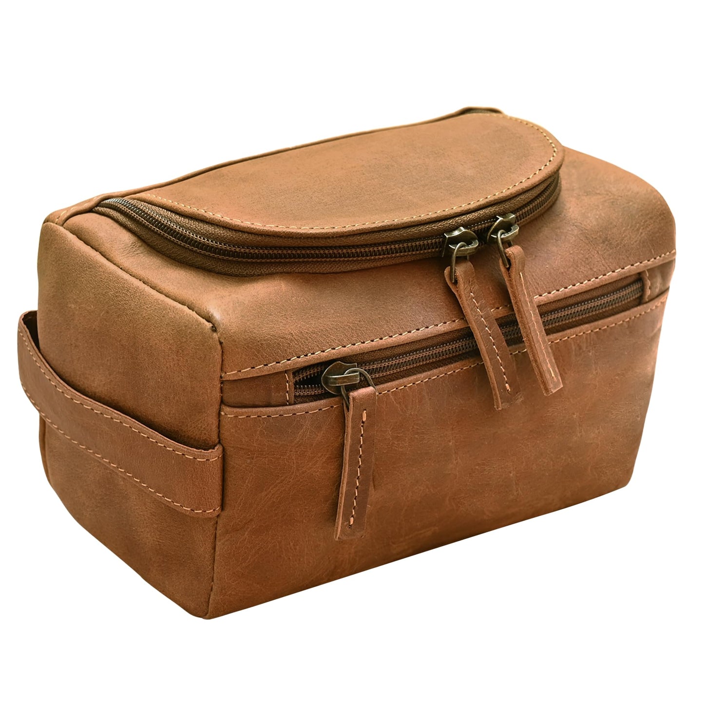 ELIZO Premium REAL Leather Toiletry Bag for Men Dopp Kitt Hanging Mens Toiletry Compact TSA Toiletries Bag Shaving Grooming Bag Organizer Oak