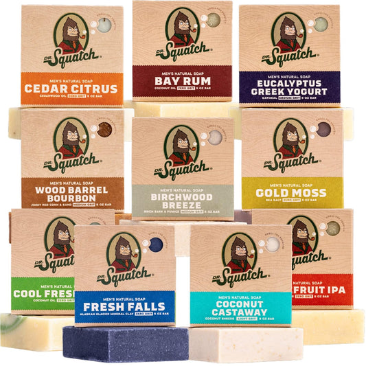 Dr. Squatch Men's Bar Soap Gift Set (10 Bars) Ð Men's Natural Bar Soap - Birchwood Breeze, Fresh Falls, Wood Barrel Bourbon, Coconut Castaway, Cedar Citrus, Bay Rum Soap, and more