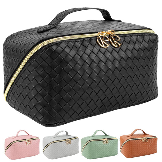 Keke Int'l Portable Cosmetic Bag with Handle and Partitioner, Waterproof PU Leather Large Capacity Travel Makeup Bag with Plaid Flat Open Design(Black)…