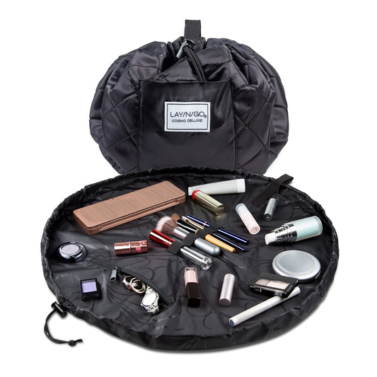 Lay-n-Go Cosmo Deluxe Drawstring Cosmetic & Makeup Bag Organizer, Toiletry Bag for Travel, Gifts, and Daily Use, 22 inch, Black