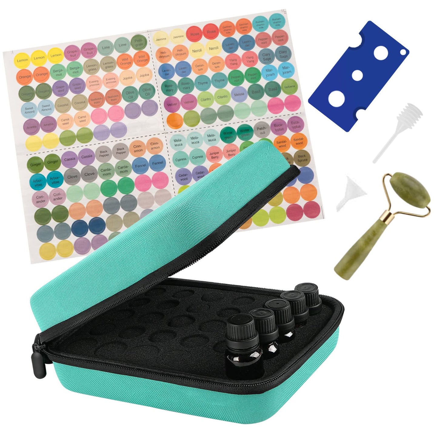 Essential Oil Storage Case, 30 Bottles Essential Oil Carrying Case, Essential Oil Organizer for Multiple Size, Oil Holder with Jade Roller, Oil Opener, Stickers, Funnel and Transfer Pipette (Green)