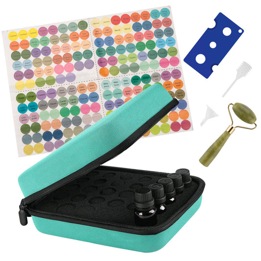 Essential Oil Storage Case, 30 Bottles Essential Oil Carrying Case, Essential Oil Organizer for Multiple Size, Oil Holder with Jade Roller, Oil Opener, Stickers, Funnel and Transfer Pipette (Green)