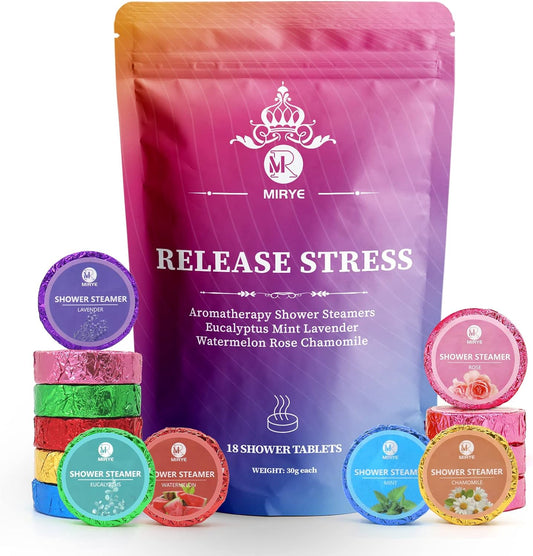 MR MIRYE Shower Steamers Aromatherapy for Women or Men, Organic with Chamomile Rose Lavender Mint Watermelon Eucalyptus Essential Oil, 18-Pack Shower Bombs Birthday Gift