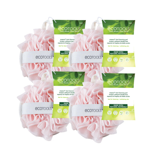 EcoTools EcoPouf Dual Cleansing Pad, Multipurpose Gentle Cleansing Body Scrubber, 2-in-1 Bath Sponge, Exfoliating for Shower & Bath, Recycled Netting, Vegan & Cruelty-Free, Pink, 4 Count