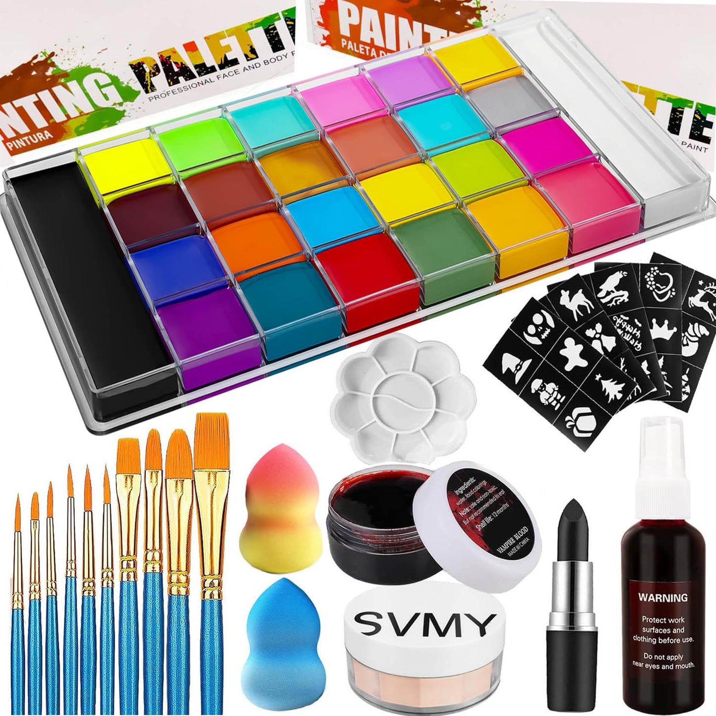 26 Colors Professional Face Body Paint Kit, Oil Face & Body Paint Kit for Halloween,including 36 Colors Face Paint/Paint Stick/ Brushes/ Special Effects Sticker for Halloween/Fake Blood(Set 2)