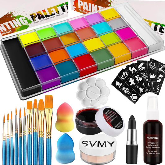 26 Colors Professional Face Body Paint Kit, Oil Face & Body Paint Kit for Halloween,including 36 Colors Face Paint/Paint Stick/ Brushes/ Special Effects Sticker for Halloween/Fake Blood(Set 2)