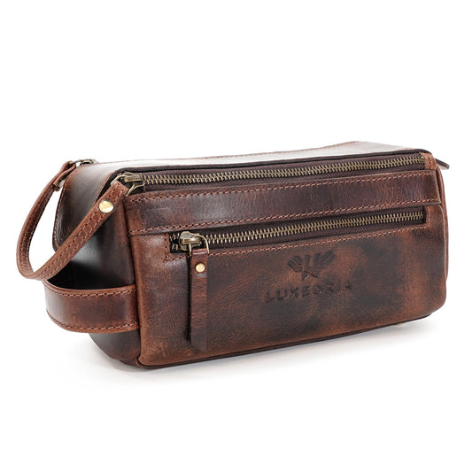LUXEORIA Full Grain Pure Leather Dopp Kit and Shaving Kit Bag for Men | Leather Travel Cosmetic Bag for Women | Genuine Leather Toiletry Bag (Dark Brown)