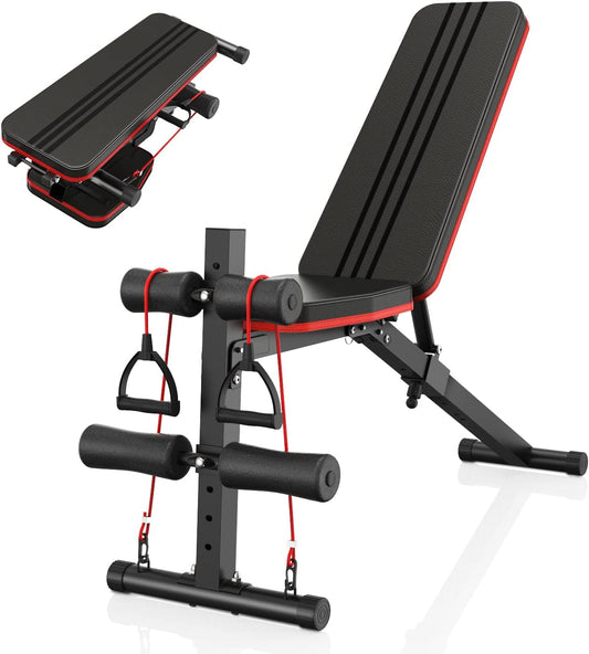 Naspaluro Adjustable Weight Bench with Resistance Bands, Foldable Workout Bench for Home GYM, Exercise Set up Bench Press Supports 7 Backrest Adjustment for Women&Men Fitness Strength Training