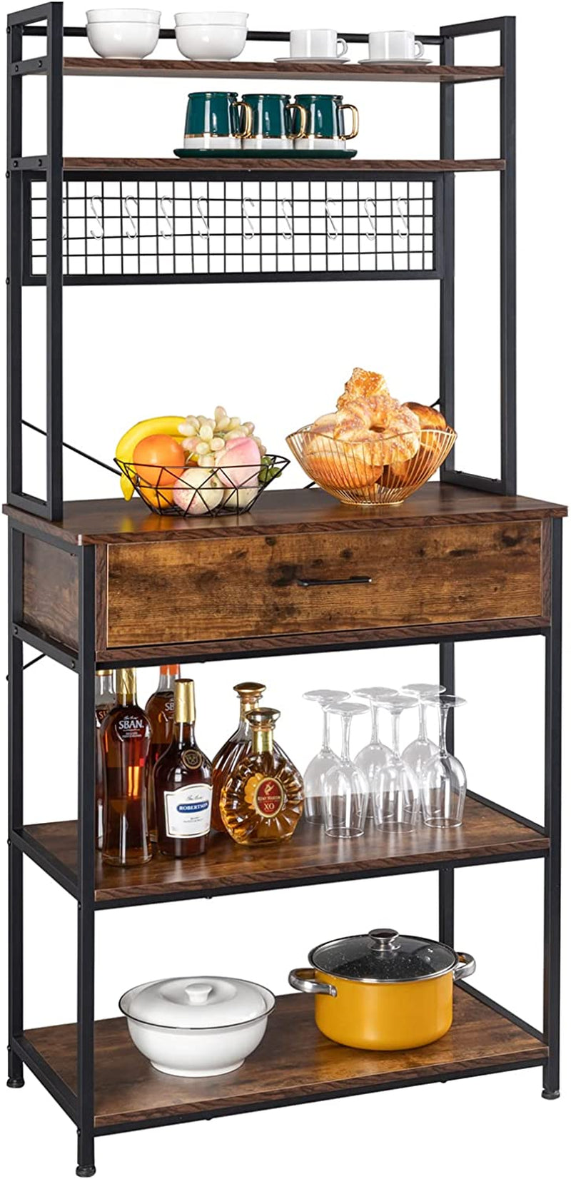 VINGLI 67" Kitchen Organization Microwave Stand Bakers Rack with a Big Drawer Kitchen Shelf Storage Organizer Workstation Industrial Style for Coffee Maker, Microwave Oven, Ice Maker, Air Fryer