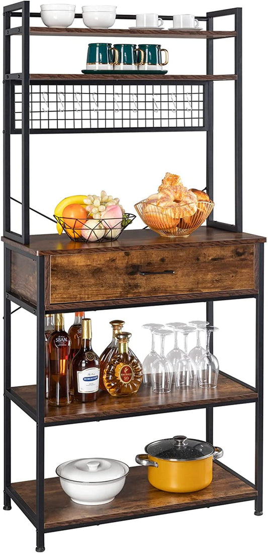VINGLI 67" Kitchen Organization Microwave Stand Bakers Rack with a Big Drawer Kitchen Shelf Storage Organizer Workstation Industrial Style for Coffee Maker, Microwave Oven, Ice Maker, Air Fryer