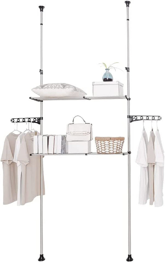 BAOYOUNI 2-Tier Adjustable Laundry Shelf over the Toilet Washing Machine Storage Rack Tension Pole Bathroom Space Saver Organizer with Clothes Towels Hanger Hook, Black