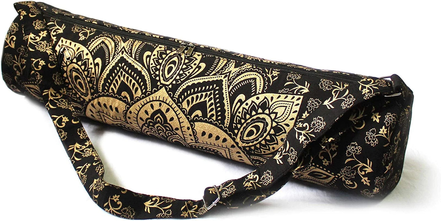 Ababilart Indian Mandala Hippie Yoga Mat Carrier Bag with Shoulder Strap Gym Bag Beach Bag (Mandala Black Gold)