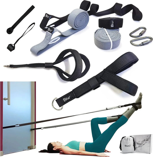 BIVR Portable Pilates Home Kit - Home Workout Equipment with Designed Pilates Loop Straps, Fabric Long Resistance Exercise Bands, Door Anchors and Aluminum Carabiners for Working Out as in Reformer