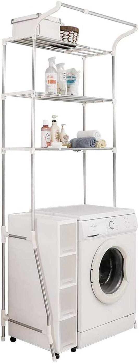BAOYOUNI 3-Tier Laundry Room Shelf over Washing Machine Storage Utility Rack above Toilet Washer Dryer Clothes Hanger Width Adjustable Bathroom Organization Space Saving Shelving Units, Ivory