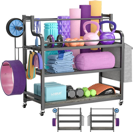 Cyclysio Yoga Mat Storage Racks, 35.6"W Home Gym Storage Rack Workout Equipment Organizer for Dumbbells Kettlebells Foam Roller Resistance Bands with Wheels and Hooks, Dumbbell Storage Rack