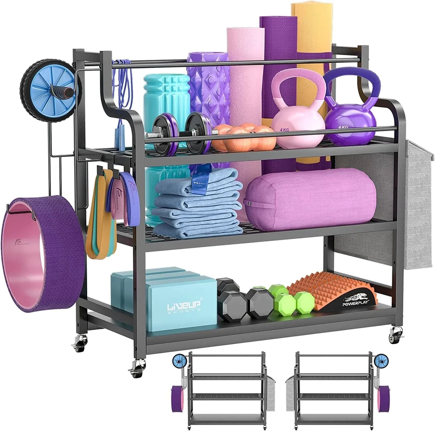 Cyclysio Yoga Mat Storage Racks, 35.6"W Home Gym Storage Rack Workout Equipment Organizer for Dumbbells Kettlebells Foam Roller Resistance Bands with Wheels and Hooks, Dumbbell Storage Rack