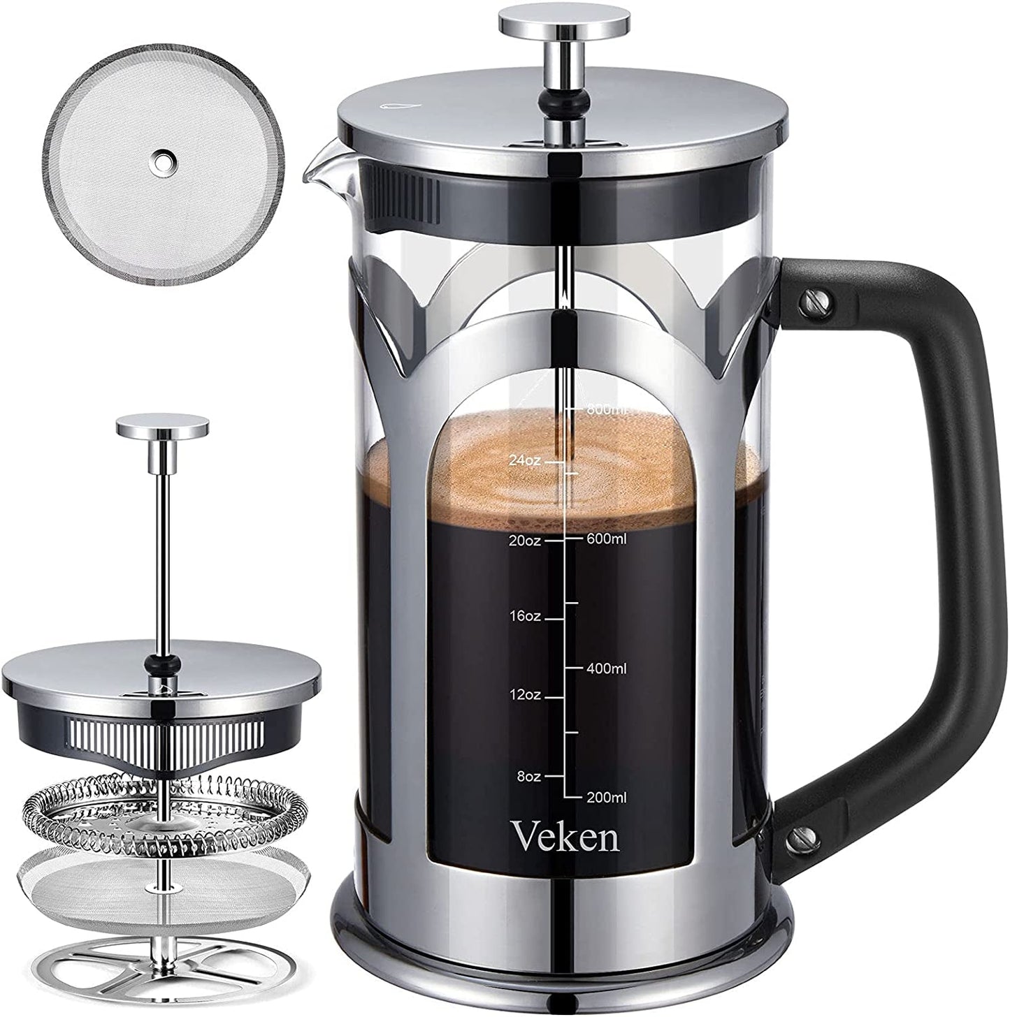 Veken French Press Coffee & Tea Maker, 304 Stainless Steel Heat Resistant Borosilicate Glass Coffee Press, Durable Easy Clean 100% BPA Free, 21Oz, Copper