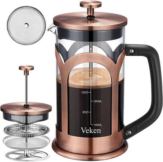 Veken French Press Coffee & Tea Maker, 304 Stainless Steel Heat Resistant Borosilicate Glass Coffee Press, Durable Easy Clean 100% BPA Free, 21Oz, Copper