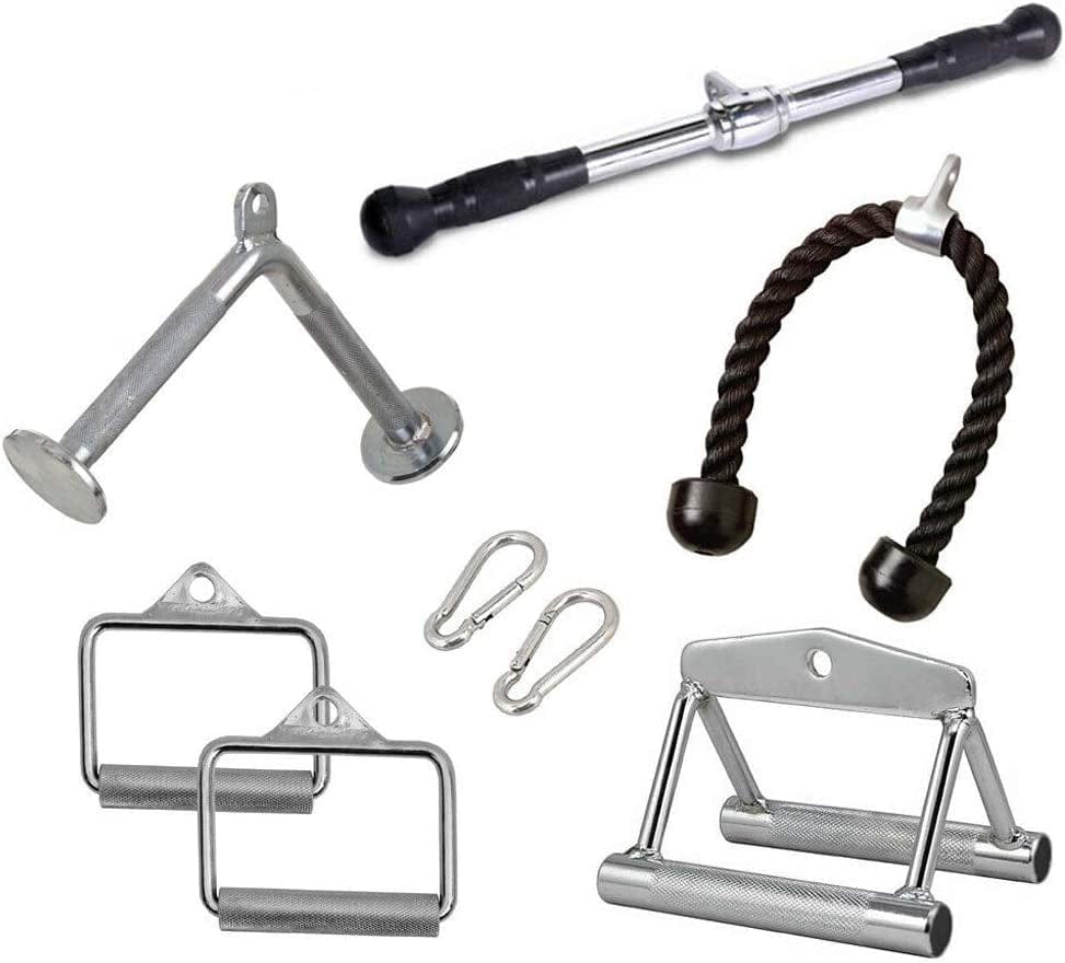 FITNESS MANIAC LAT Machine Accessory Pull down Bar, Tricep Rope, V Bar Grip Handles, Rowing Handle Rubber Grips, Snap Hooks, D Handle Metal Grips Gym Cable Attachments Training Exercise
