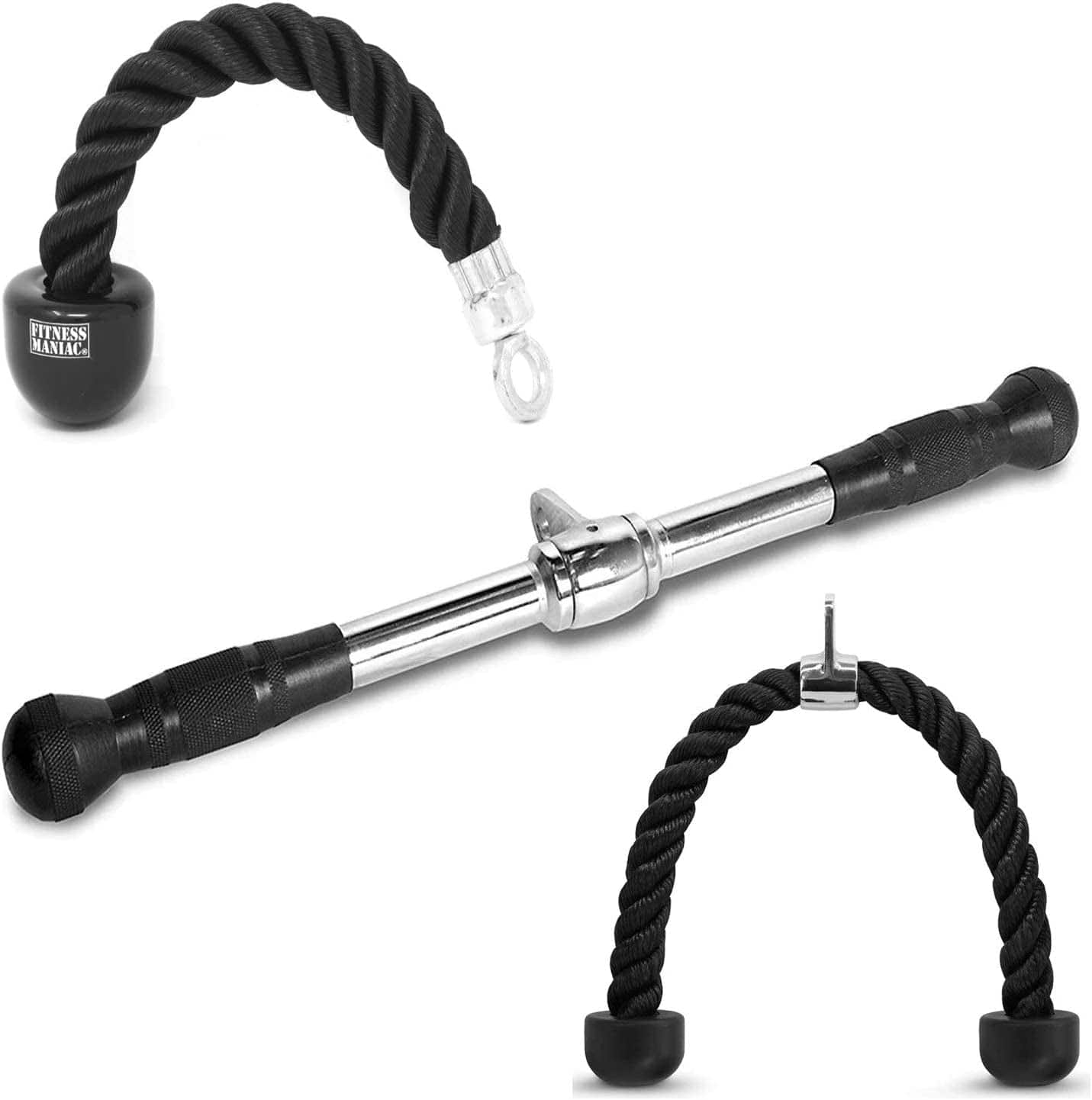 FITNESS MANIAC LAT Machine Accessory Pull down Bar, Tricep Rope, V Bar Grip Handles, Rowing Handle Rubber Grips, Snap Hooks, D Handle Metal Grips Gym Cable Attachments Training Exercise