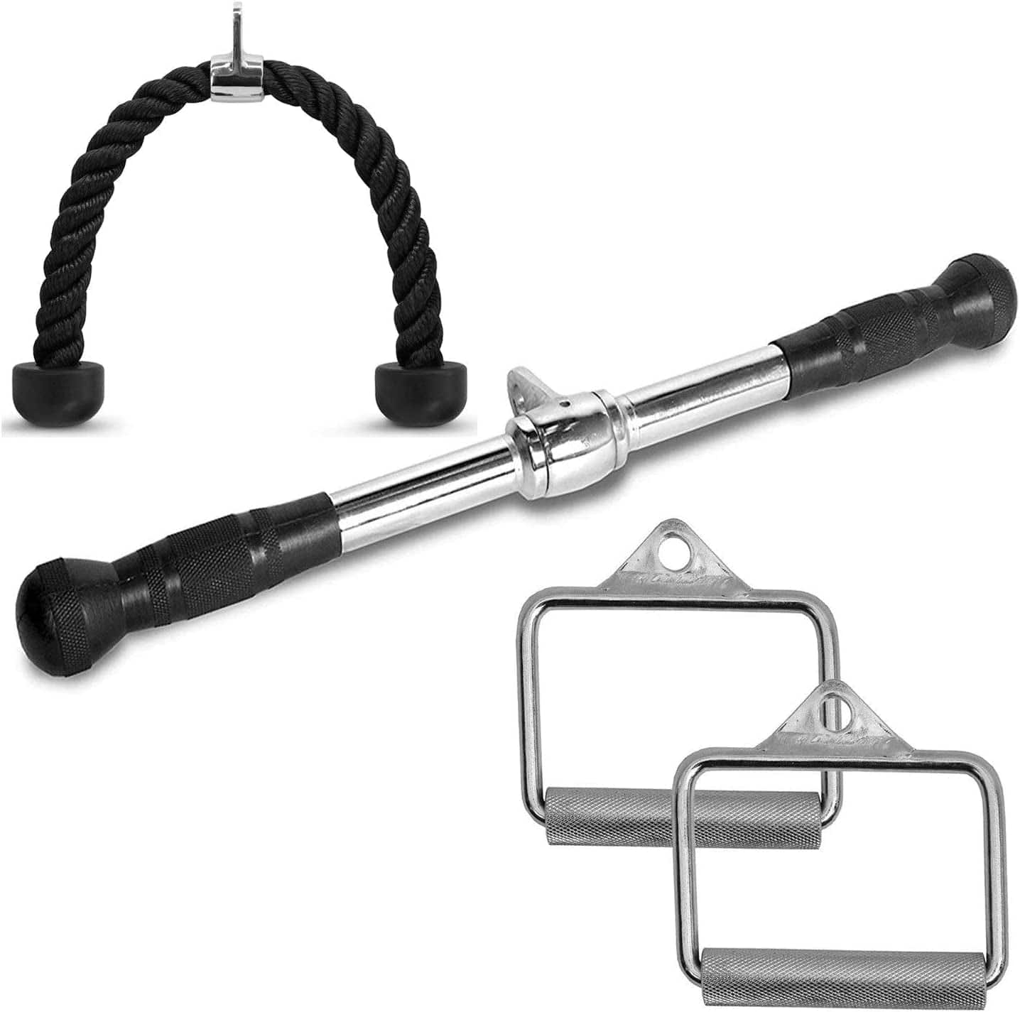 FITNESS MANIAC LAT Machine Accessory Pull down Bar, Tricep Rope, V Bar Grip Handles, Rowing Handle Rubber Grips, Snap Hooks, D Handle Metal Grips Gym Cable Attachments Training Exercise