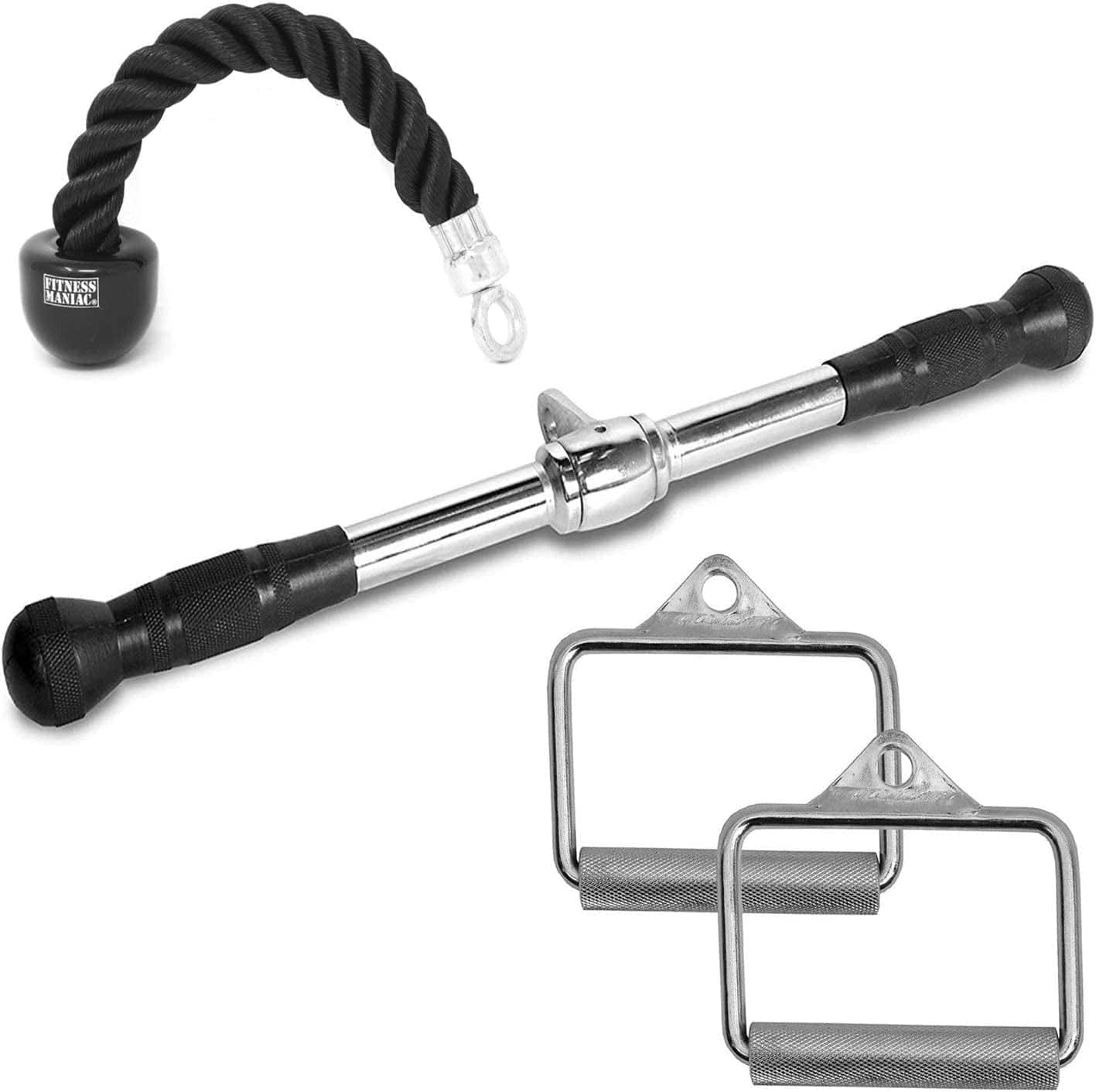 FITNESS MANIAC LAT Machine Accessory Pull down Bar, Tricep Rope, V Bar Grip Handles, Rowing Handle Rubber Grips, Snap Hooks, D Handle Metal Grips Gym Cable Attachments Training Exercise