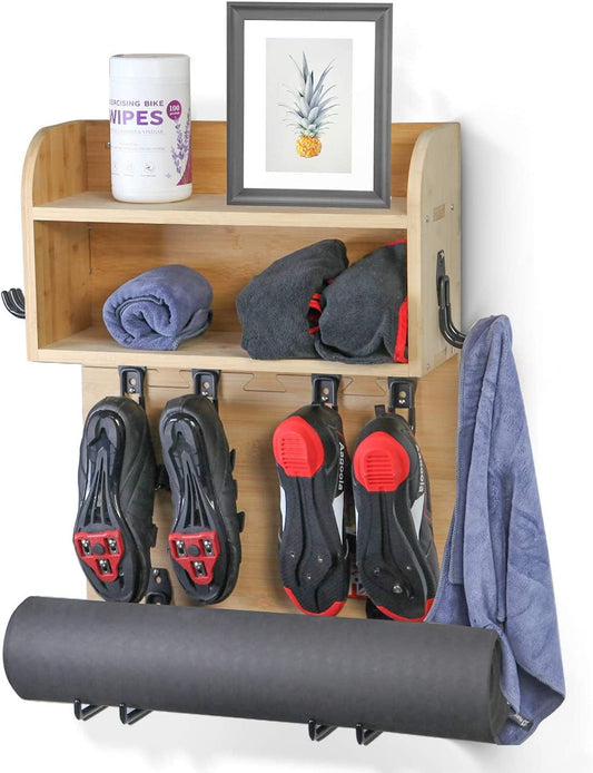 Multi-Functional Home Gym Wall Mount Rack Shelf Organizer for Towel, Yoga Mat, Exercising Bike Shoes, Exercise Bands and so on - Ideal Accessories for Peloton, Nordictrack, and Echelon