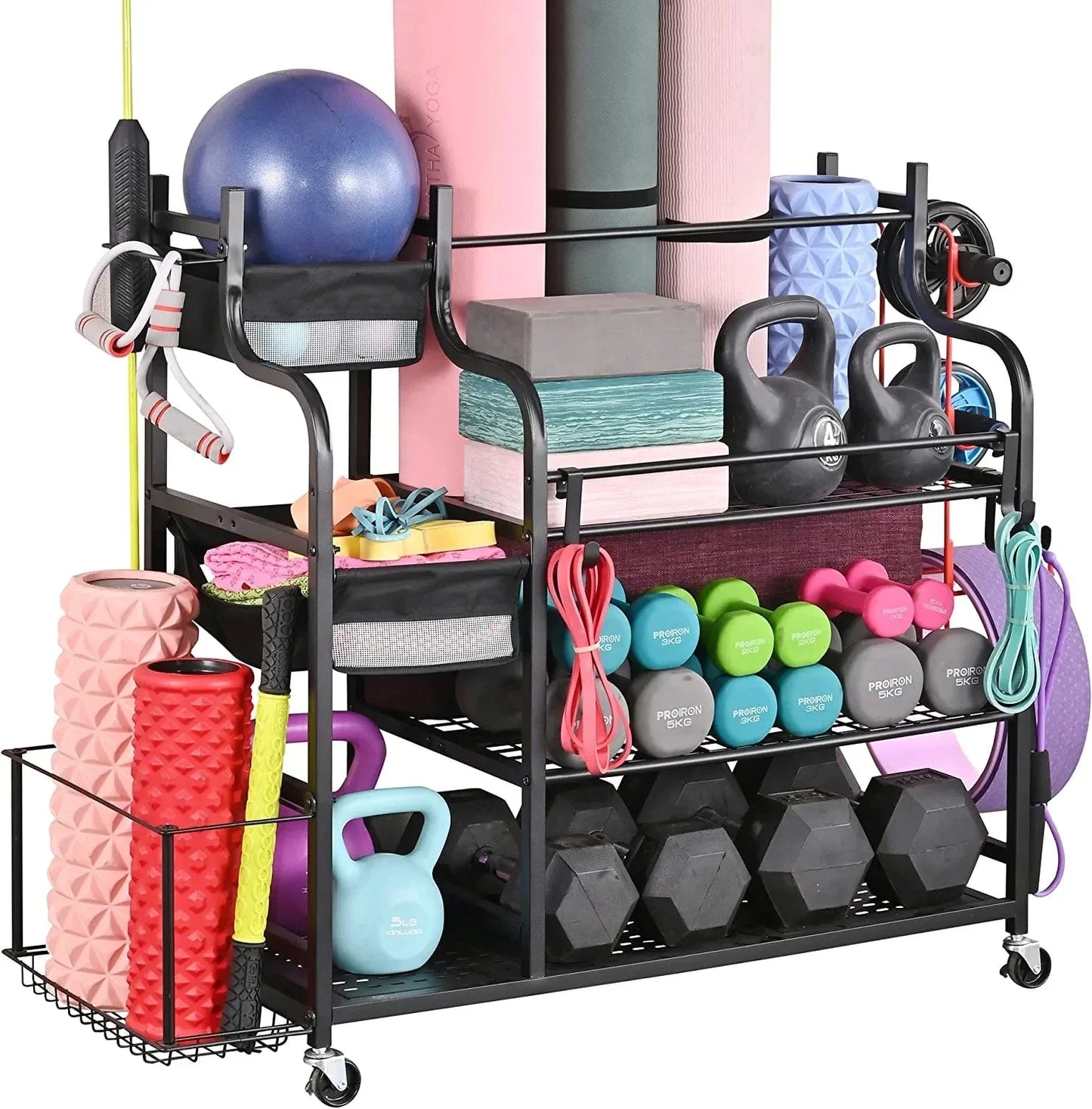 Mythinglogic Weight Rack for Dumbbells, Home Gym Storage for Yoga Mat Dumbbells Kettlebells and Strength Training Equipment, Dumbbell Rack with Wheels and Hanging Hooks